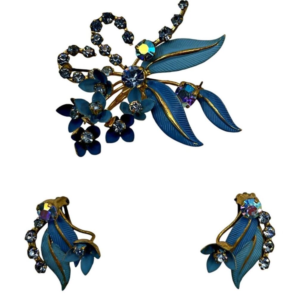 VTG Austrian Robin Egg Blue Floral Leaf Spray AB Rhinestone Brooch & Earrings